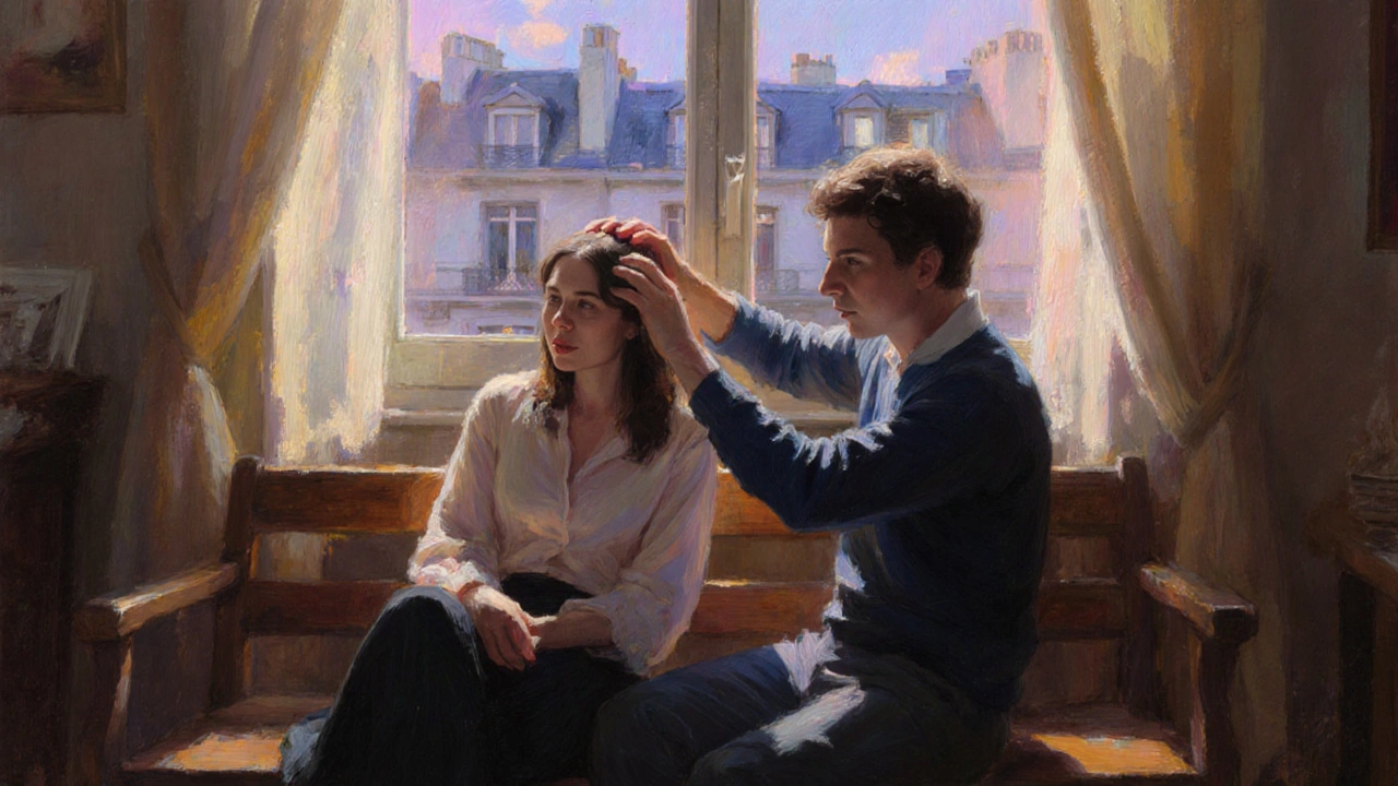 Un couple assis côte à côte, l&#039;un massant la tête de l&#039;autre dans une atmosphère paisible et chaleureuse.