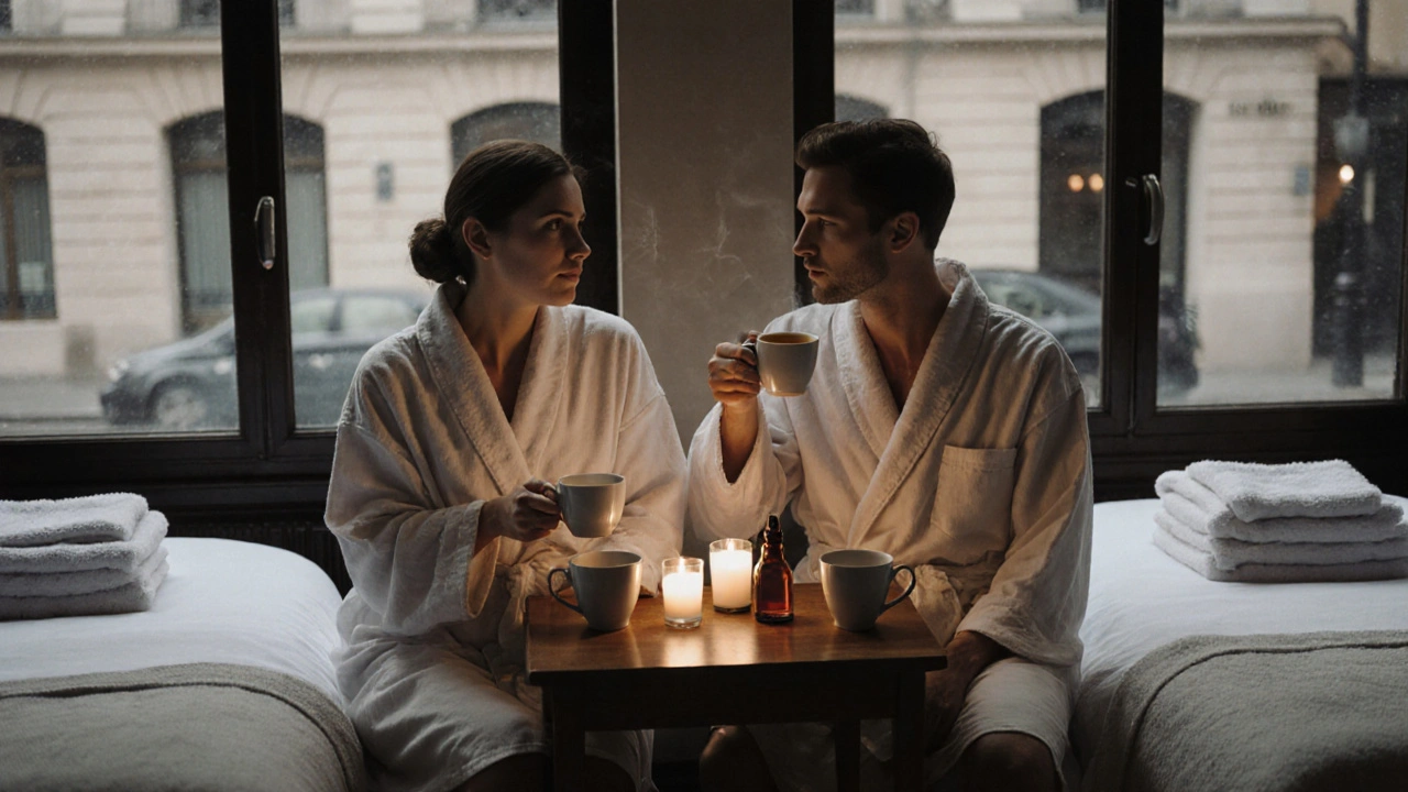 Un couple en peignoirs boit une tisane en silence après un massage duo, dans une ambiance calme et chaleureuse.