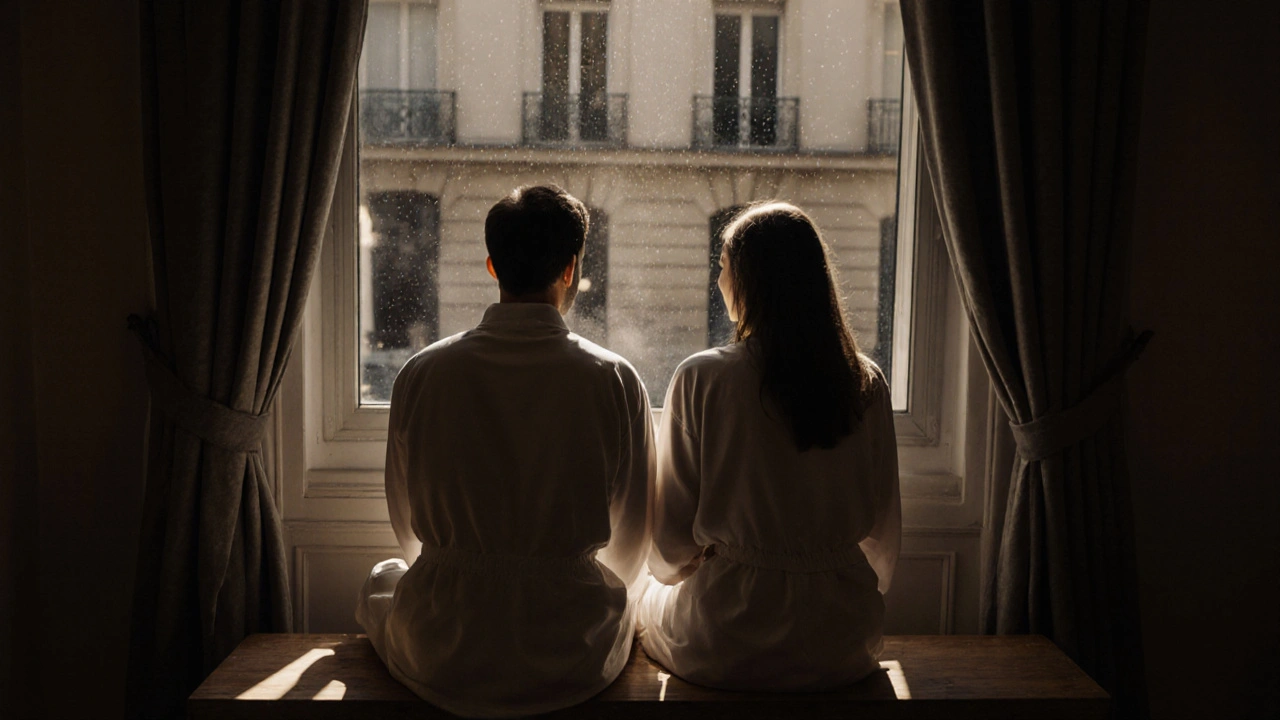 Un couple silencieux après un massage, assis sur un banc face à une cour parisienne apaisante.