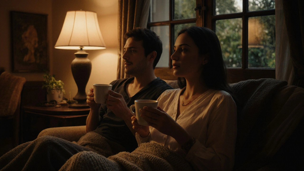 Un couple sirotant une tisane en silence dans un salon douillet, couvert d&#039;une couverture partagée.