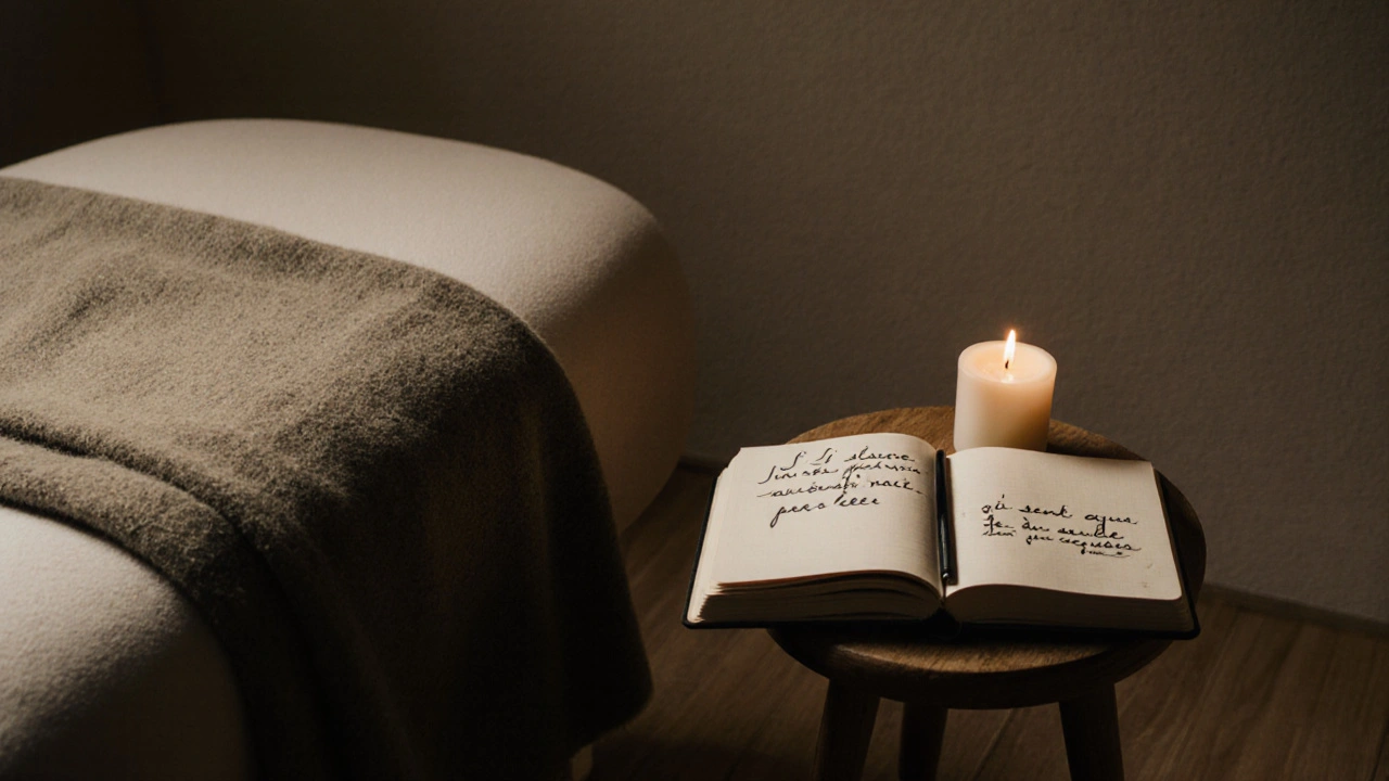 Un espace de massage calme avec une couverture, une bougie et un journal ouvert aux notes manuscrites.