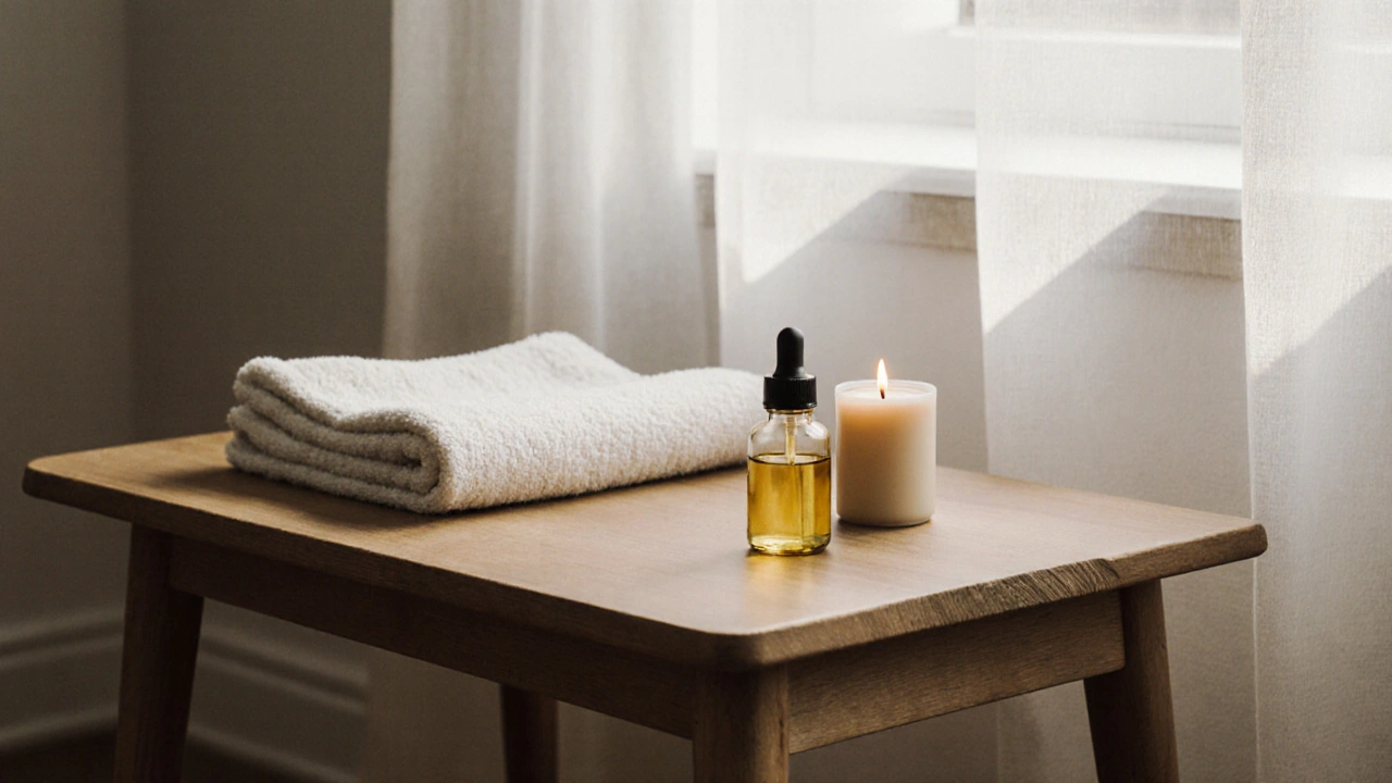 Un plan d&#039;objet : huile d&#039;amande, serviette et bougie sur une table en bois, atmosphère paisible.