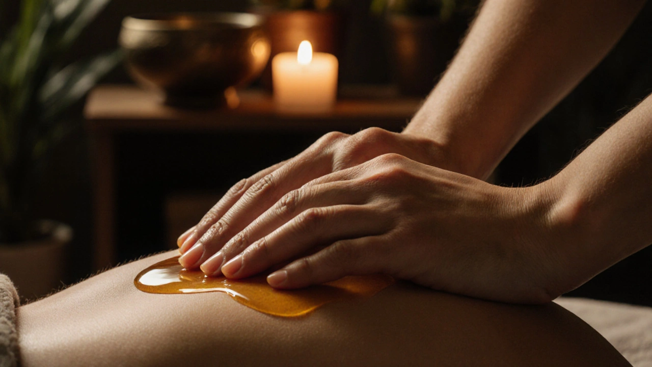 Une main massant doucement l&#039;épaule d&#039;un partenaire avec de l&#039;huile qui brille sous une lumière chaude.