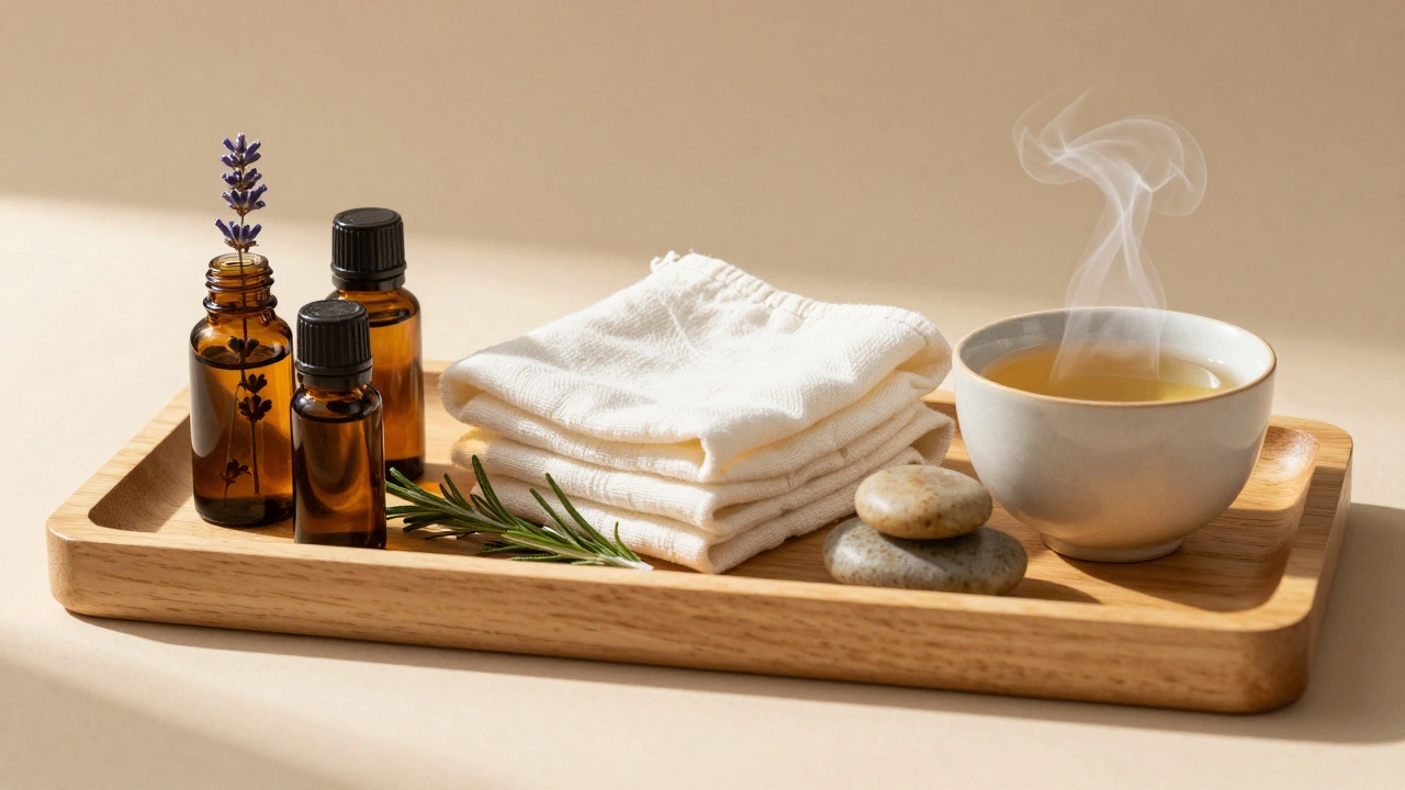 Accessoires de massage : huiles essentielles, draps et pierres chaudes disposés sur un plateau en bois.