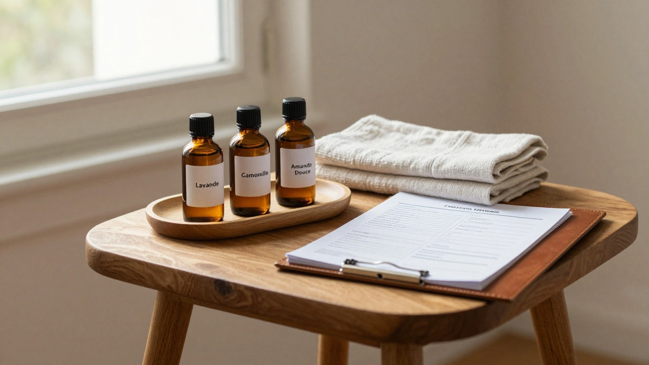 Bouteilles d&#039;huiles naturelles étiquetées en français sur une étagère de salon de massage.