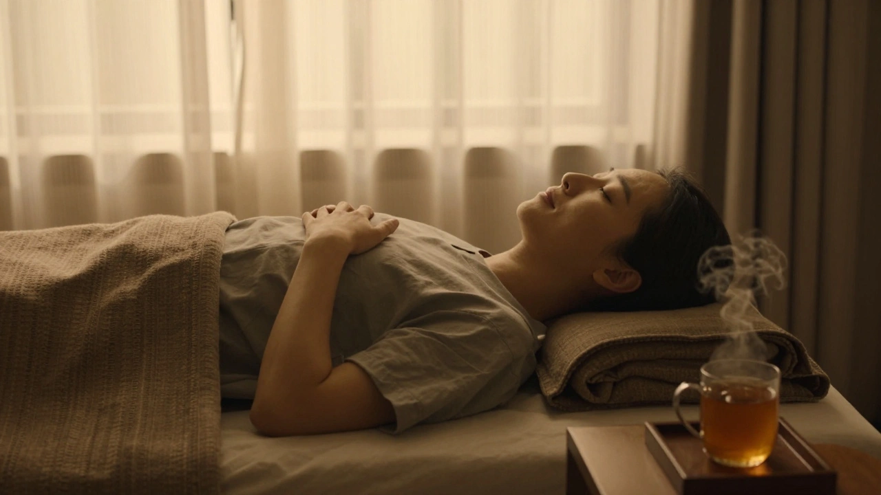 Client allongé, yeux fermés, sourire léger après une séance de massage.