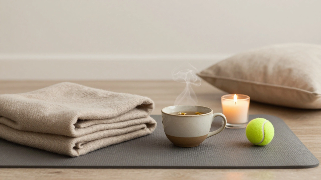 Coin de détente : bougie, couverture, tisane et balle de tennis sur un tapis de yoga.