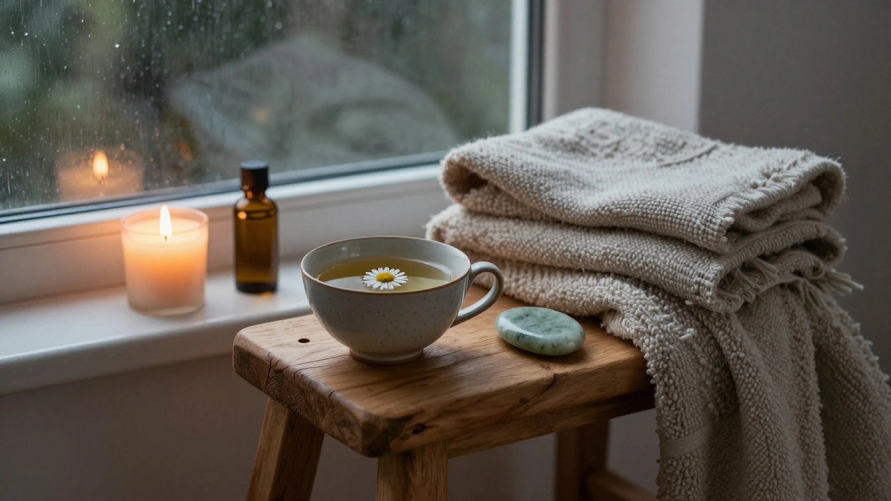 Coin détente à la maison : bougie, couverture en laine, huile bio et pierre de jade sur fond de pluie.