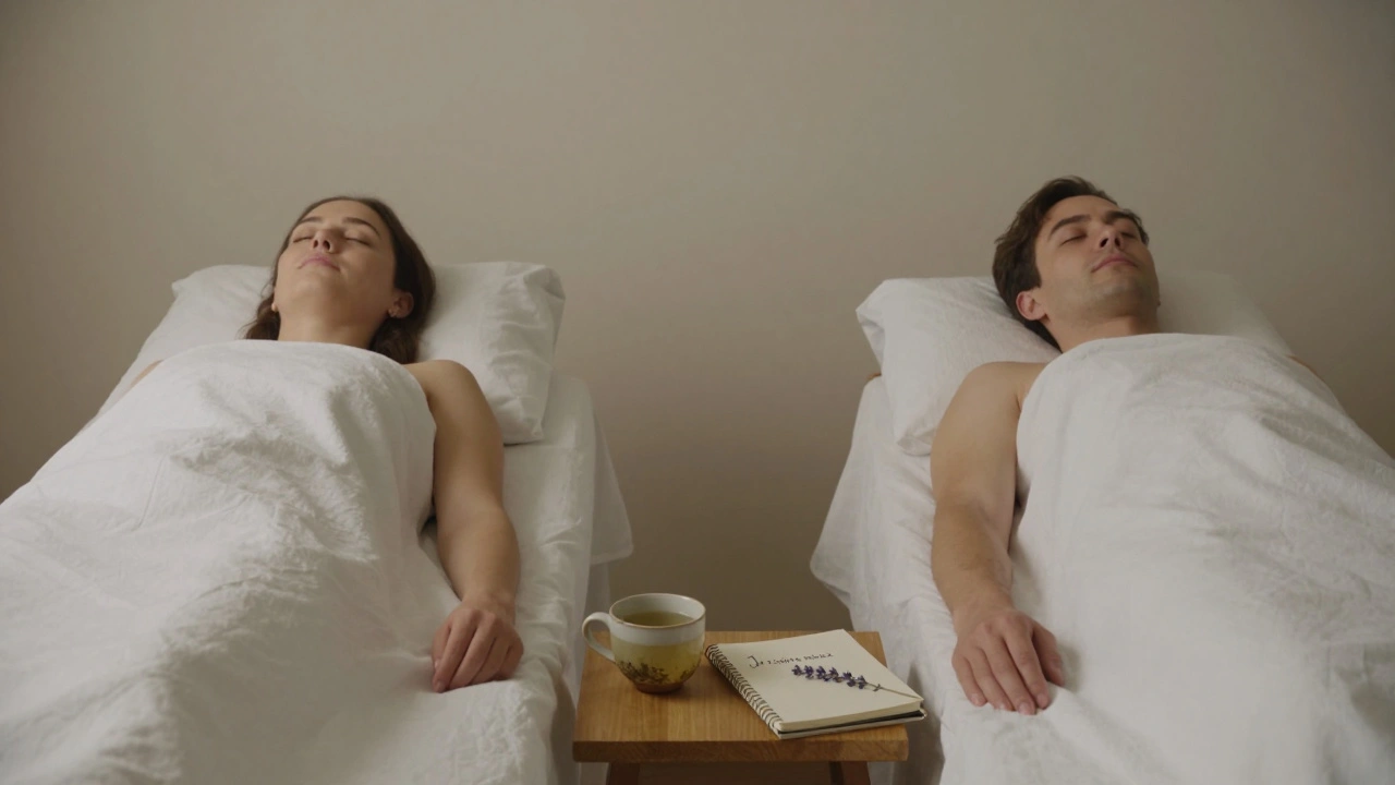 Couple allongé côte à côte dans deux salles de massage, en silence et détendu.