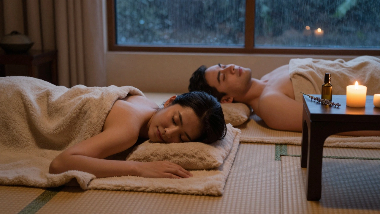 Couple allongé côte à côte sur une couverture en laine, dans un espace de massage domestique calme et chaleureux.