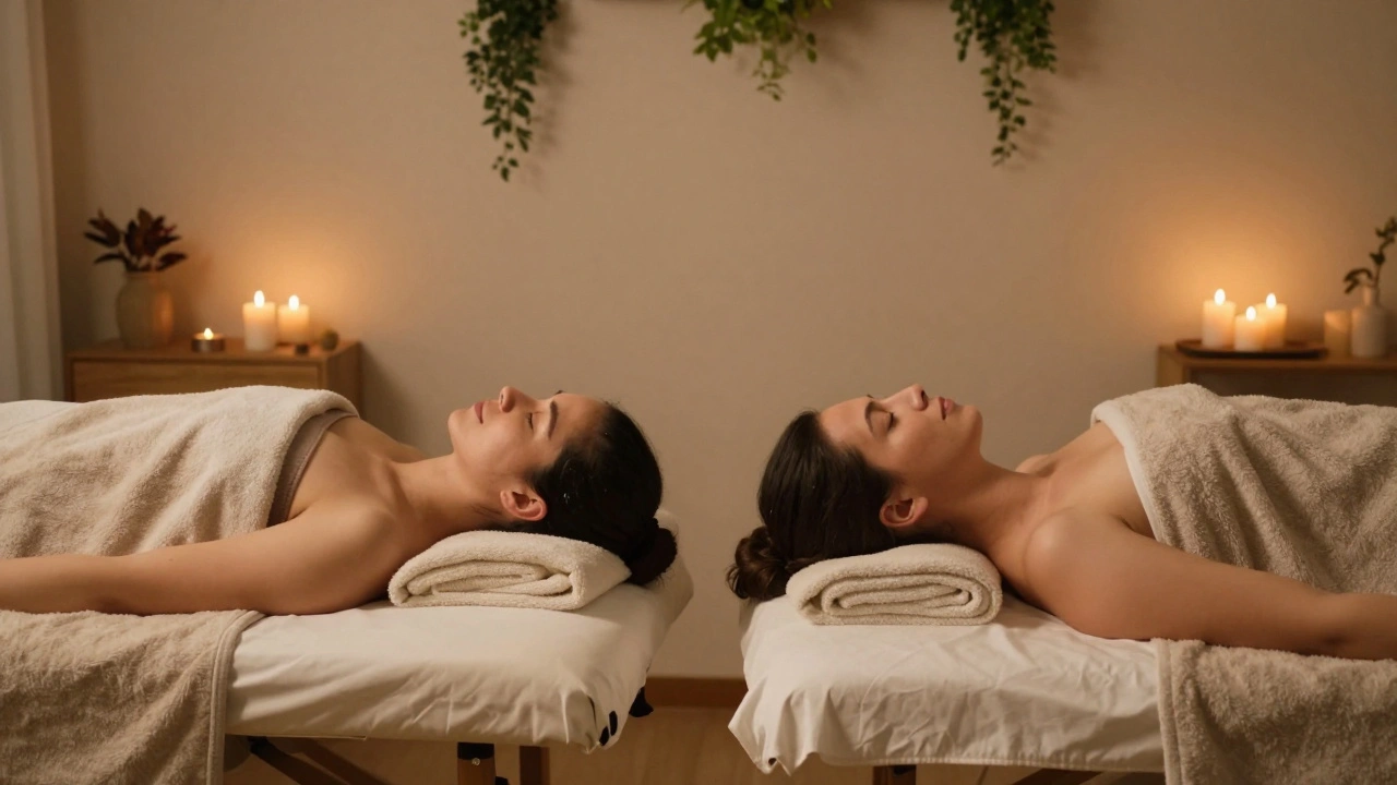 Couple recevant un massage duo, allongé côte à côte, dans une ambiance chaleureuse et apaisante.