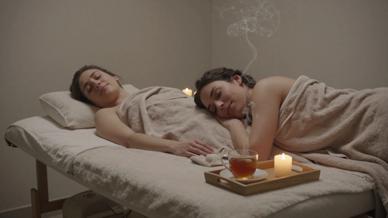 Couple recevant un massage en duo, détendu et souriant, dans un salon calme avec bougies et plantes.