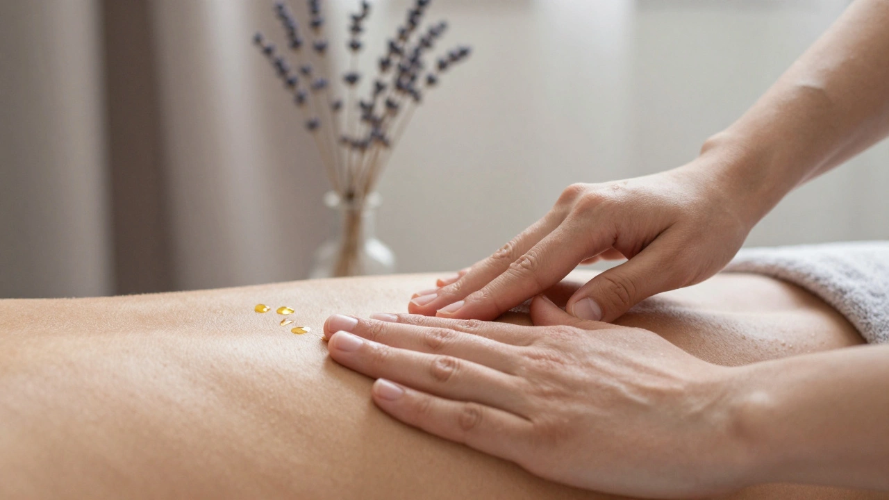 Deux mains massant doucement les épaules avec de l'huile naturelle qui brille légèrement.