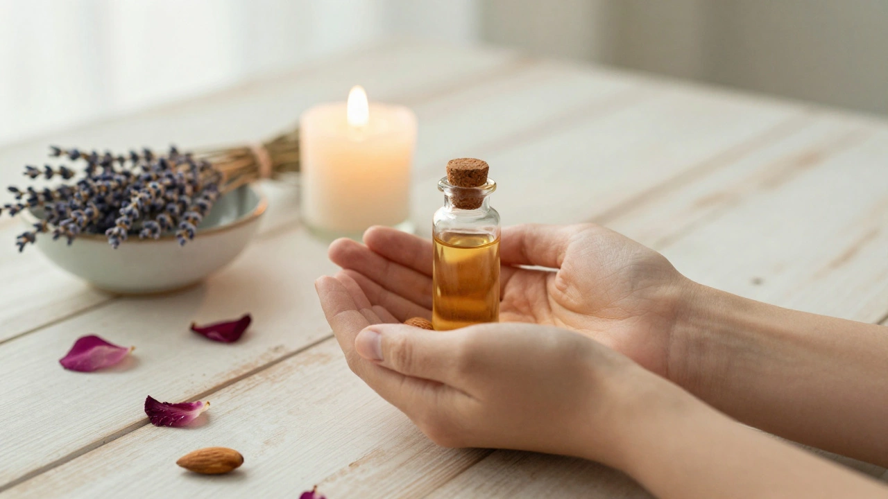 Deux mains réchauffent de l'huile d'amande douce près d'une bougie et de pétales de rose.