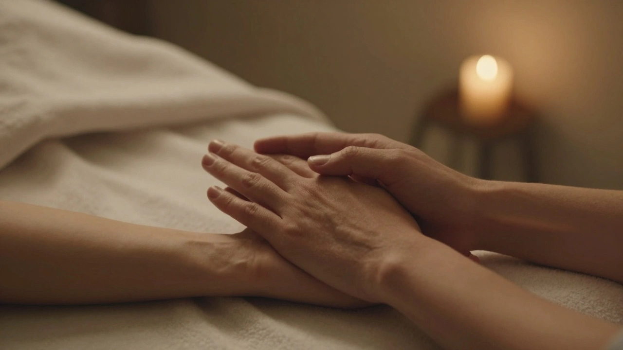 Deux mains se touchant doucement, dans une lumière chaude et apaisante.