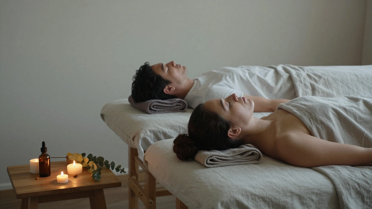 Deux personnes allongées côte à côte, couvertes de draps blancs, dans une salle de massage calme et apaisante.