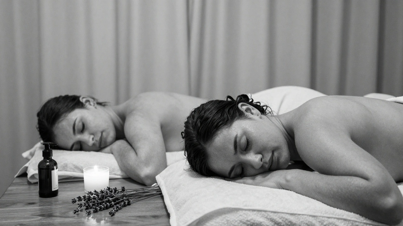 Deux personnes détendues côte à côte en massage en duo, dans une atmosphère paisible et apaisante.