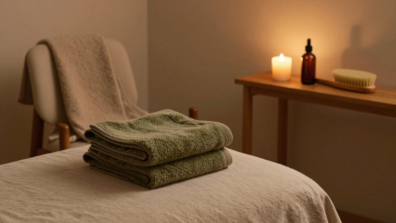 Espace de massage vide mais préparé : serviettes, bougie, huile et brosse sur du bois clair, atmosphère sereine.