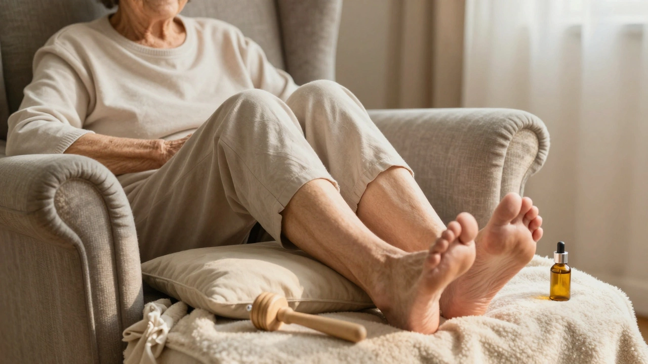 Femme âgée souriante, jambes surélevées, après un massage, dans un cadre chaleureux et apaisant.