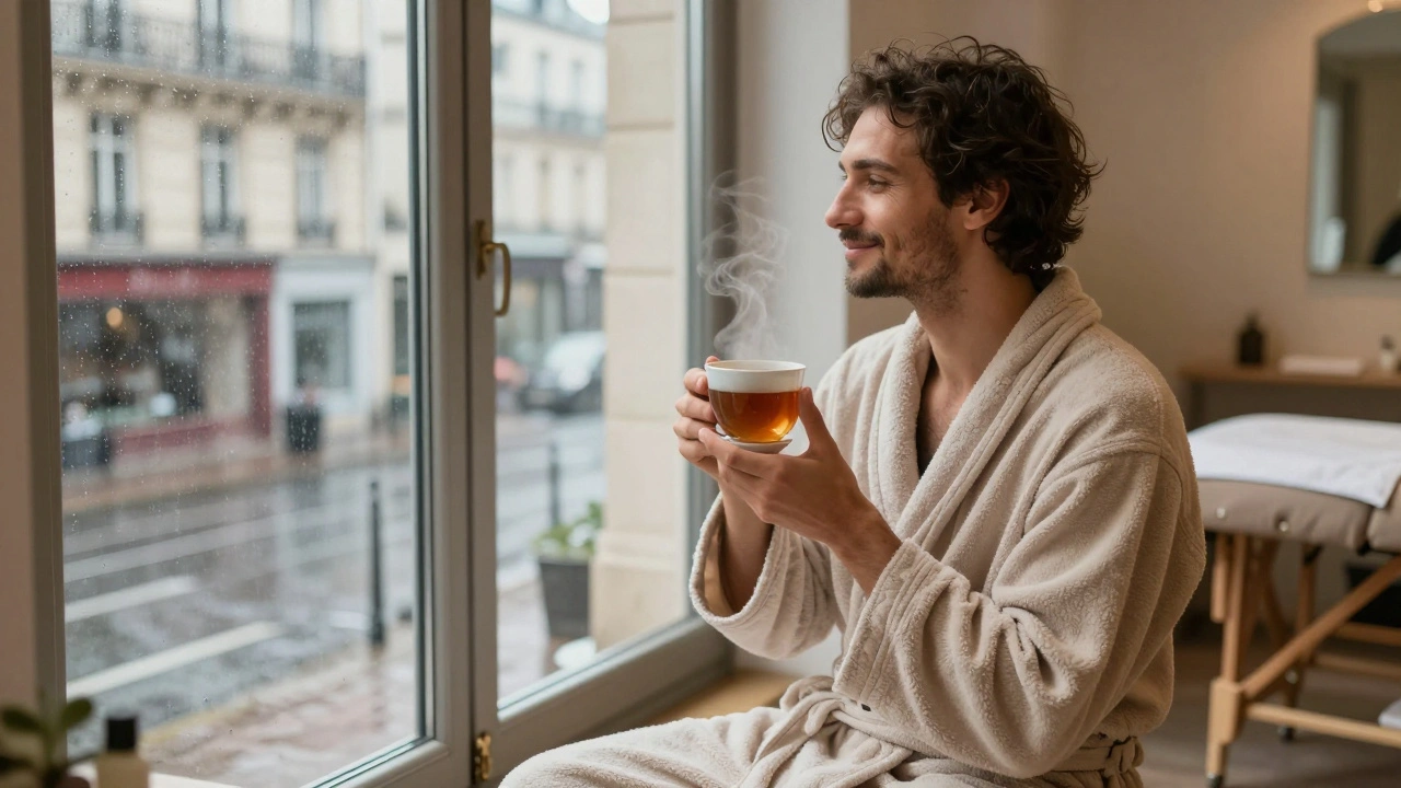 Homme en peignoir, tenant une tasse de thé, regardant par la fenêtre après une séance.