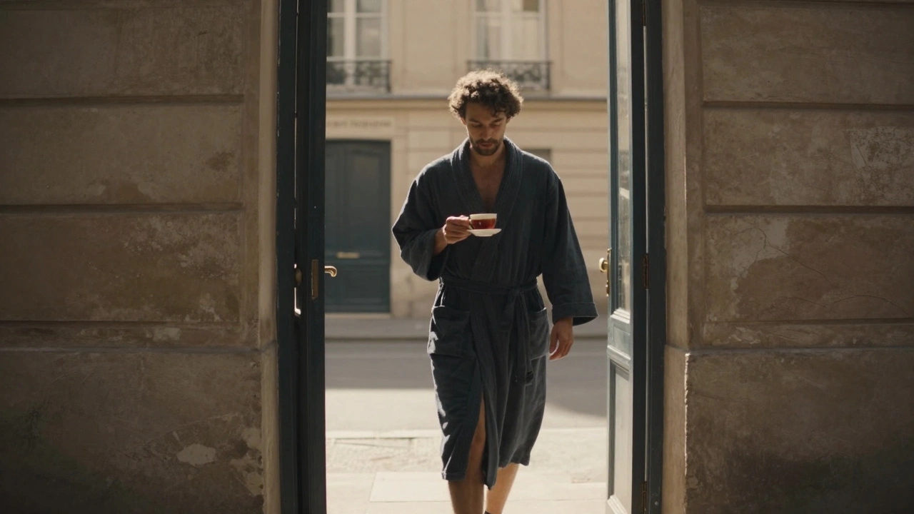 Homme sortant d&#039;un studio discret à Paris, posture détendue, lumière du soleil, atmosphère de paix intérieure.