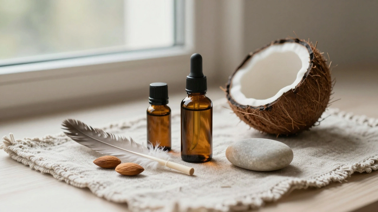 Huiles végétales, plume et pierre posées sur un tissu de lin naturel.