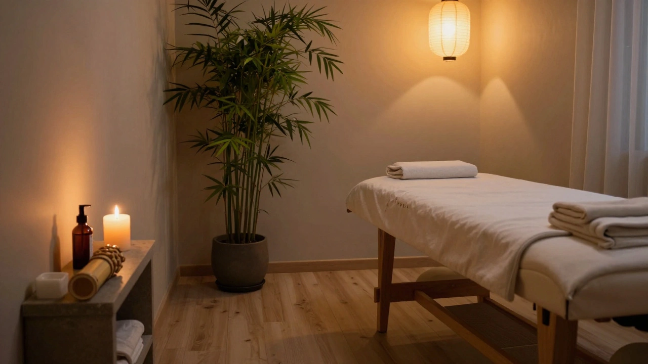 Intérieur d'un salon de massage à Paris : bois clair, bougie, rouleau de bambou et huile bio dans une ambiance calme.