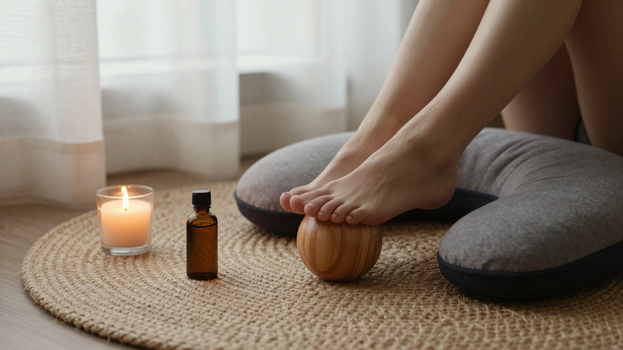 Kit d'auto-massage à la maison : balle en bois, huile et coussin sur un tapis.