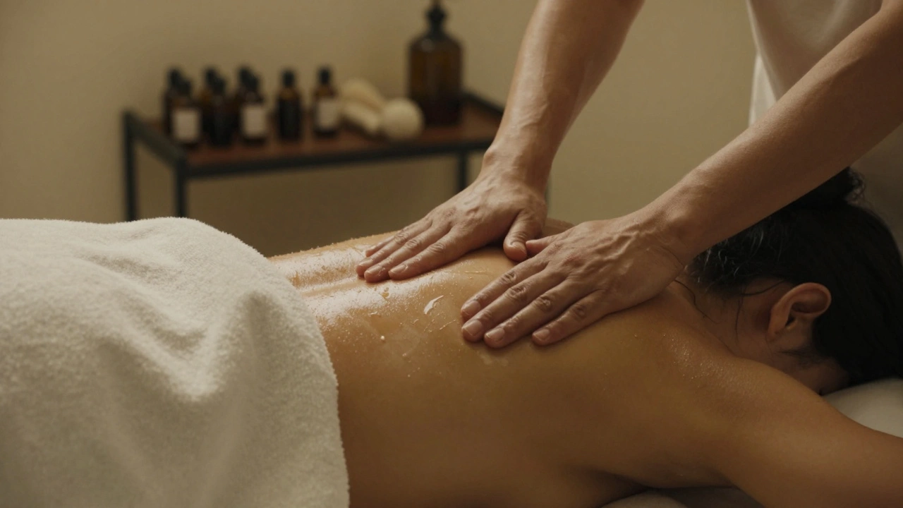 Main de praticien massant doucement l&#039;épaule d&#039;un client allongé.