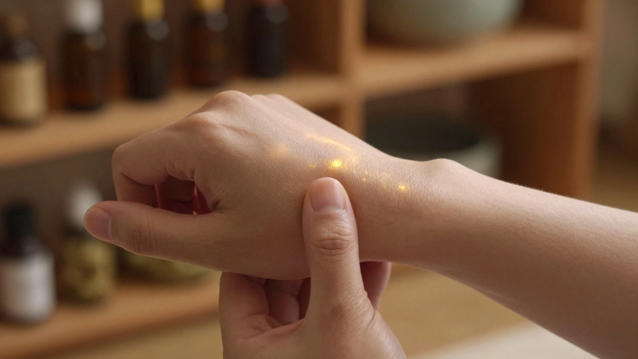 Main posée sur un point d'acupression au poignet, lumière dorée subtile et éléments naturels en arrière-plan.