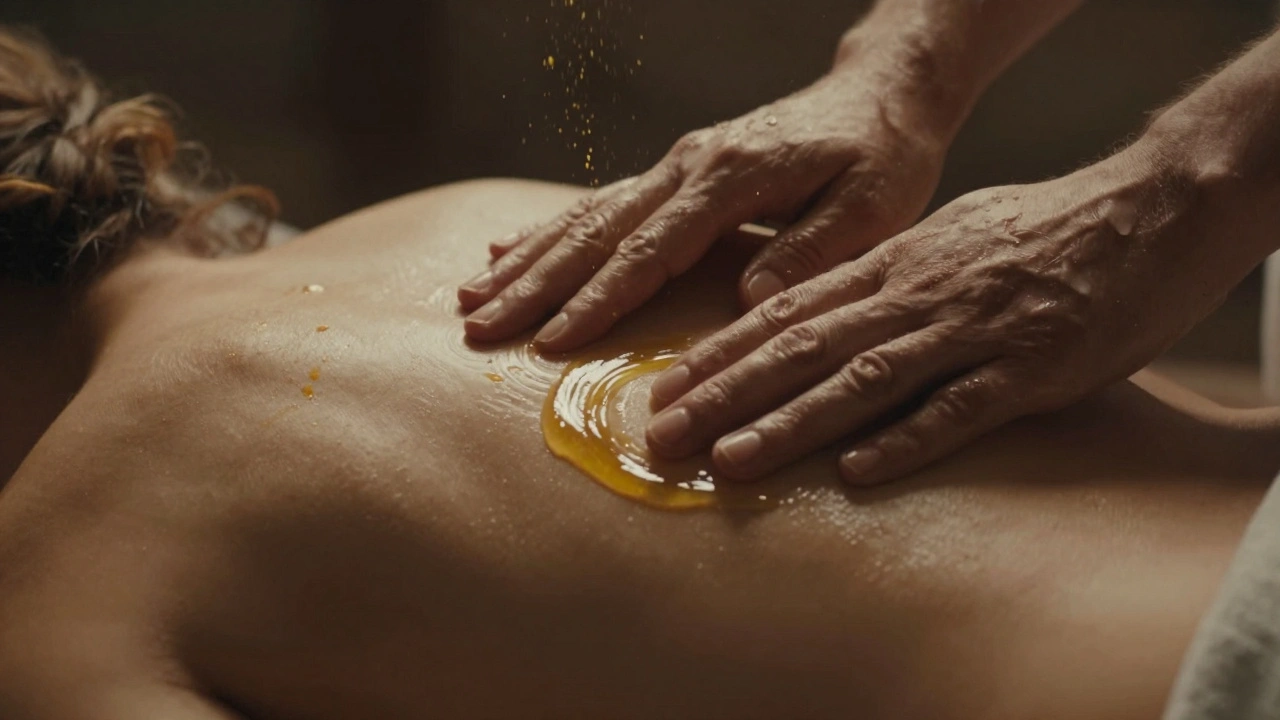 Mains appliquant doucement de l&amp;#039;huile sur le dos, lumière dorée et émotion silencieuse.