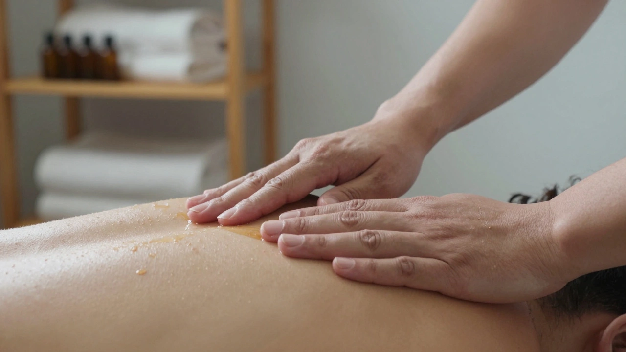 Mains d'un praticien massant les épaules, avec une bouteille d'huile naturelle à côté.