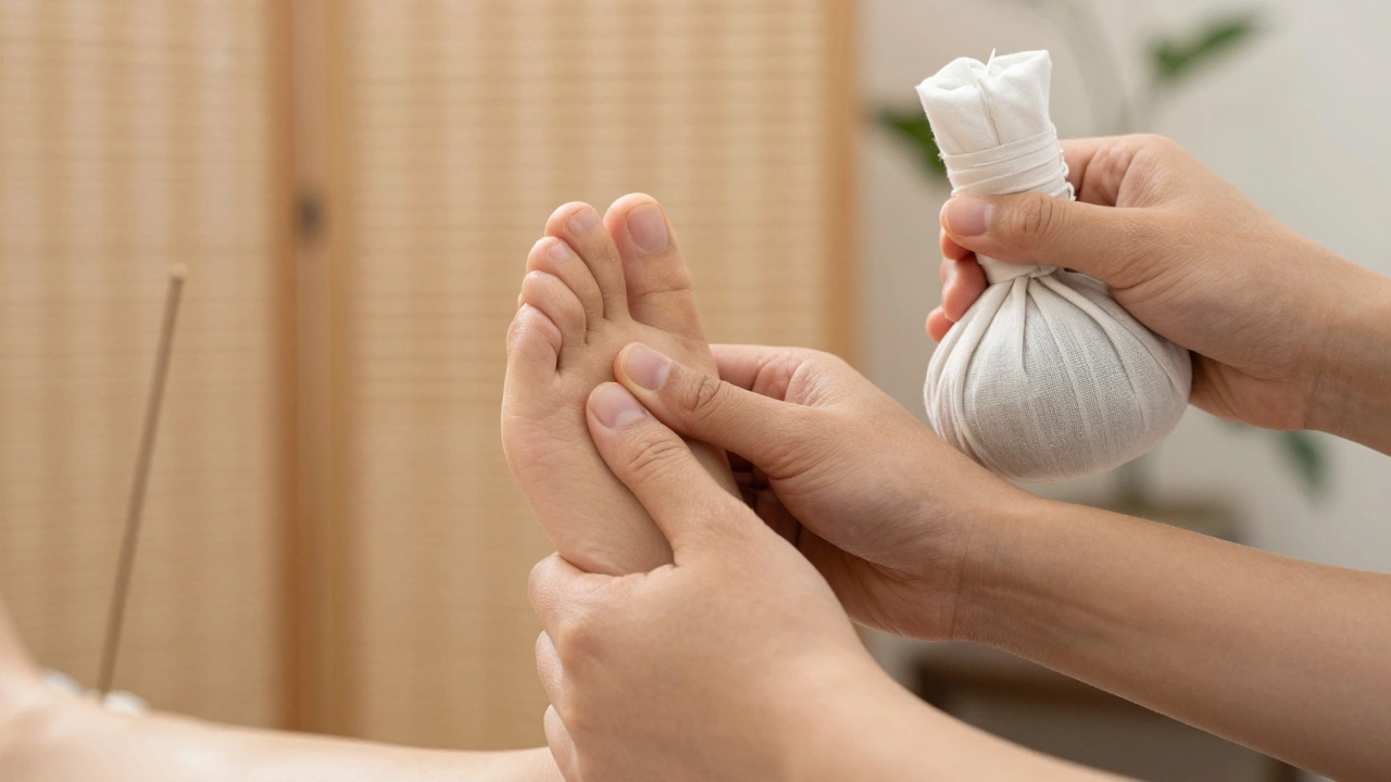 Mains d'un praticien utilisant une poche d'herbes chaudes et une pression acupressure sur le pied.