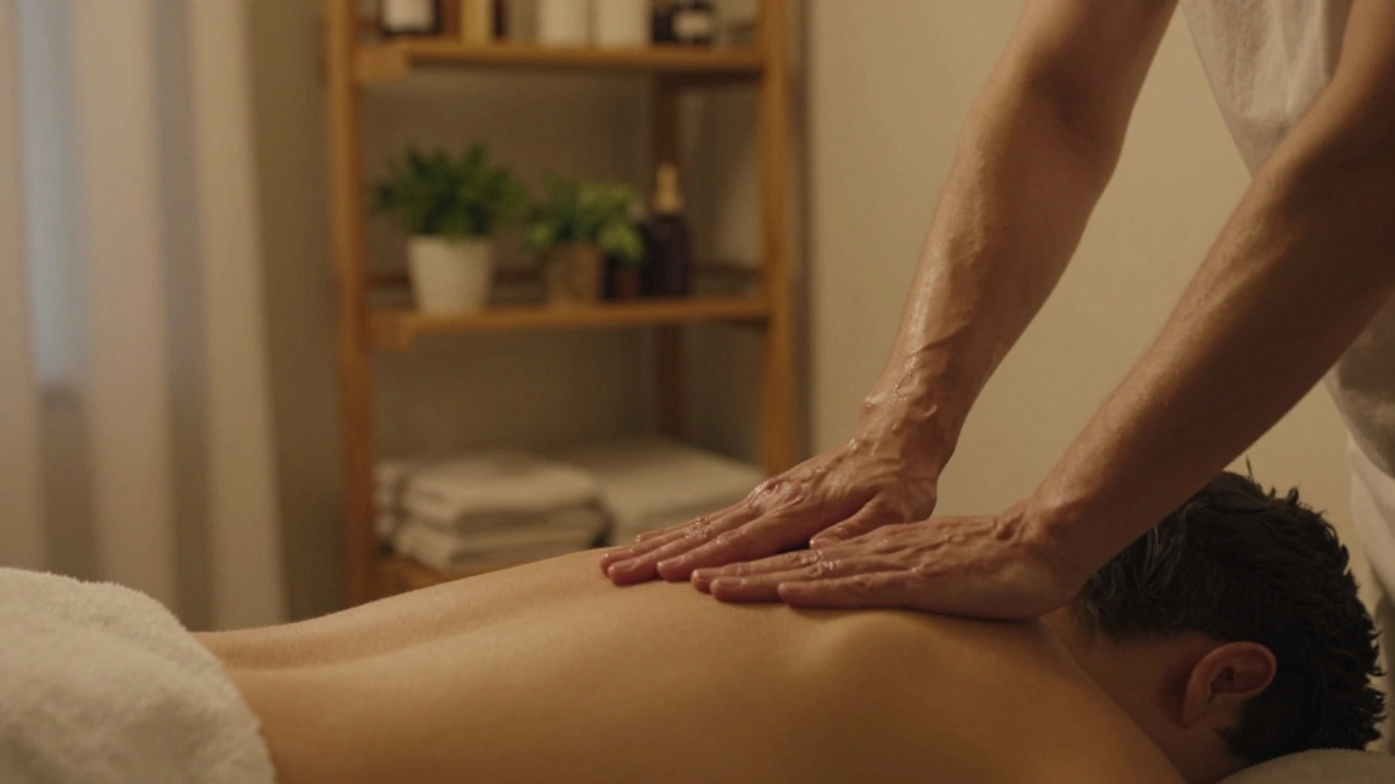 Mains de masseur effectuant des mouvements doux sur les épaules d&#039;un client, dans une lumière tamisée.