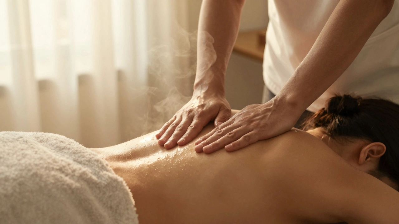 Mains de masseur professionnelle massant doucement le dos d&#039;une personne recouverte d&#039;une serviette.