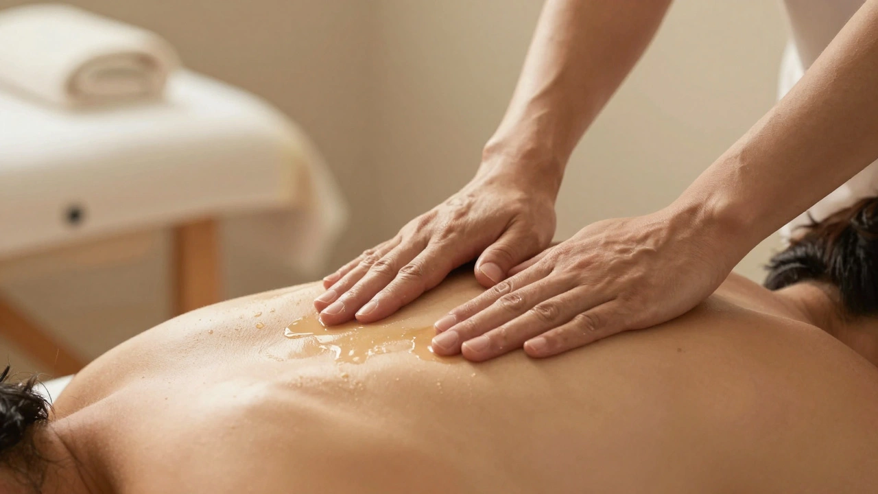 Mains de masseur travaillant sur les épaules avec huile naturelle, dans une lumière douce.