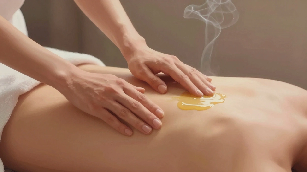 Mains massant doucement le dos avec de l&#039;huile naturelle, tissus flottants en arrière-plan.