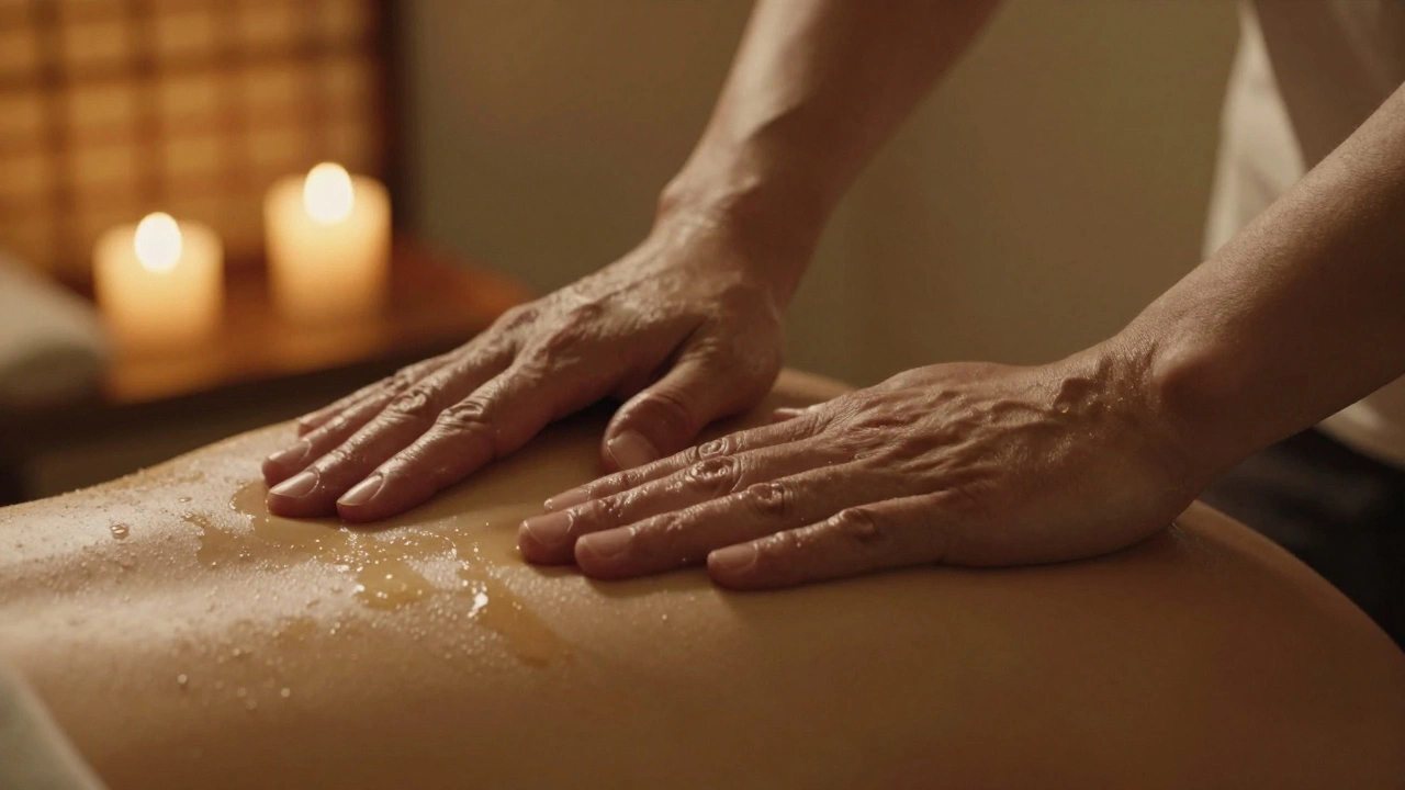 Mains massant doucement le dos avec de l’huile brillante, sous une lumière chaude et apaisante.