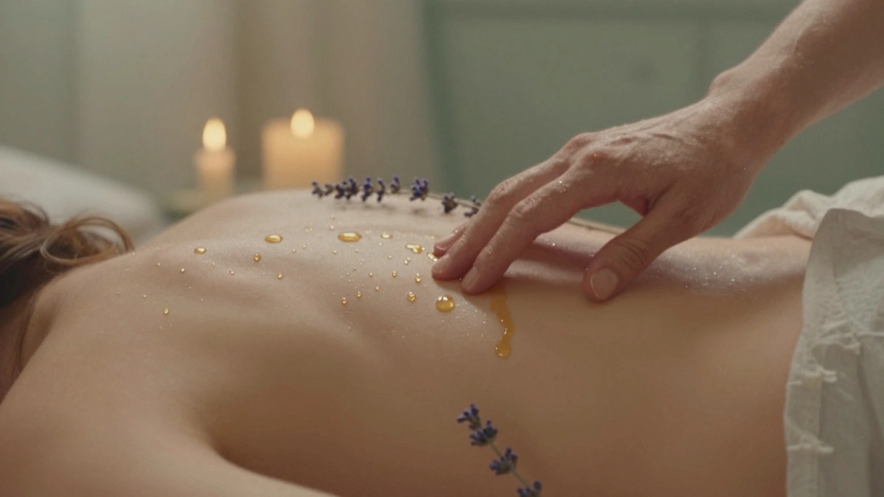 Mains massant doucement le dos avec de l’huile qui brille, environnement apaisant et végétaux.