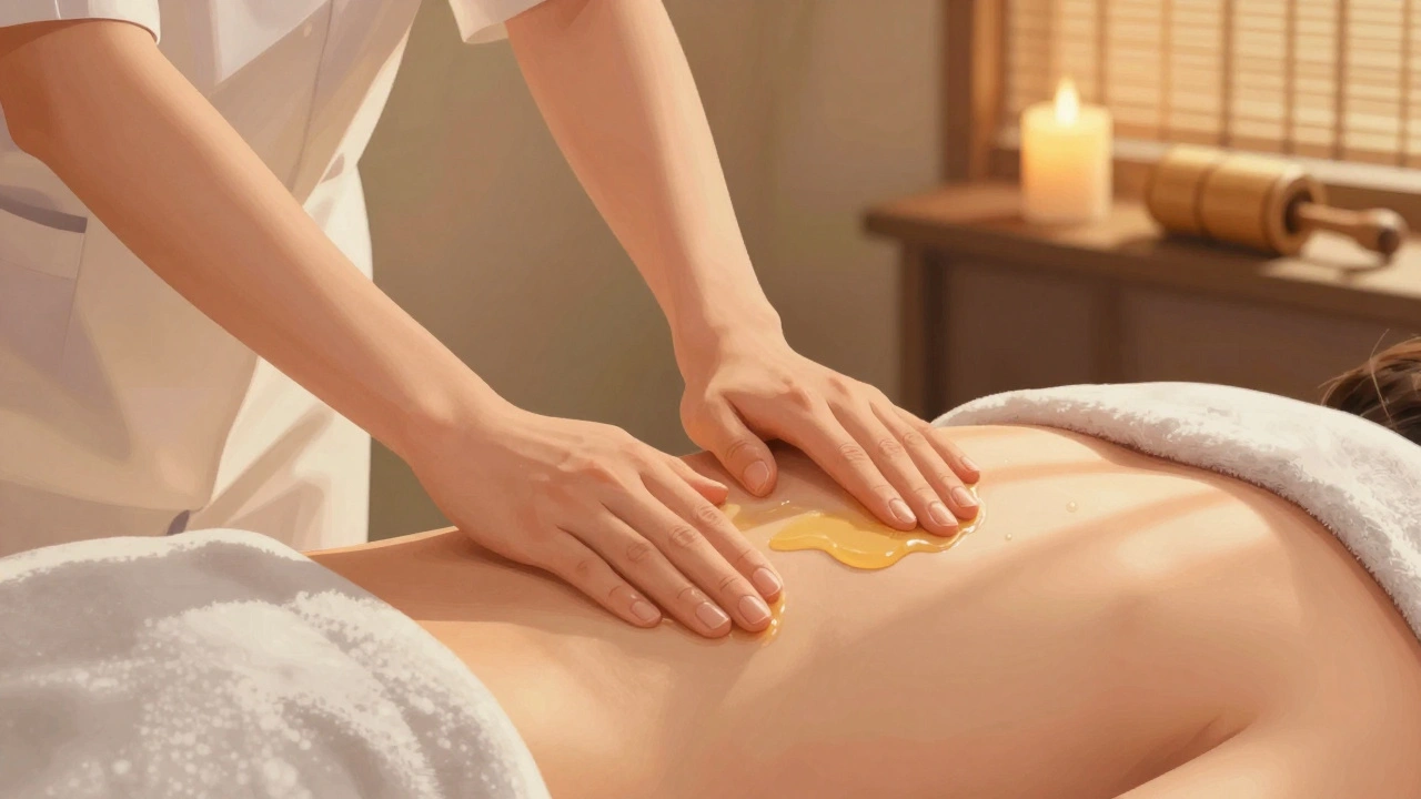 Mains massant le dos avec de l'huile chaude, dans un intérieur calme et naturel.