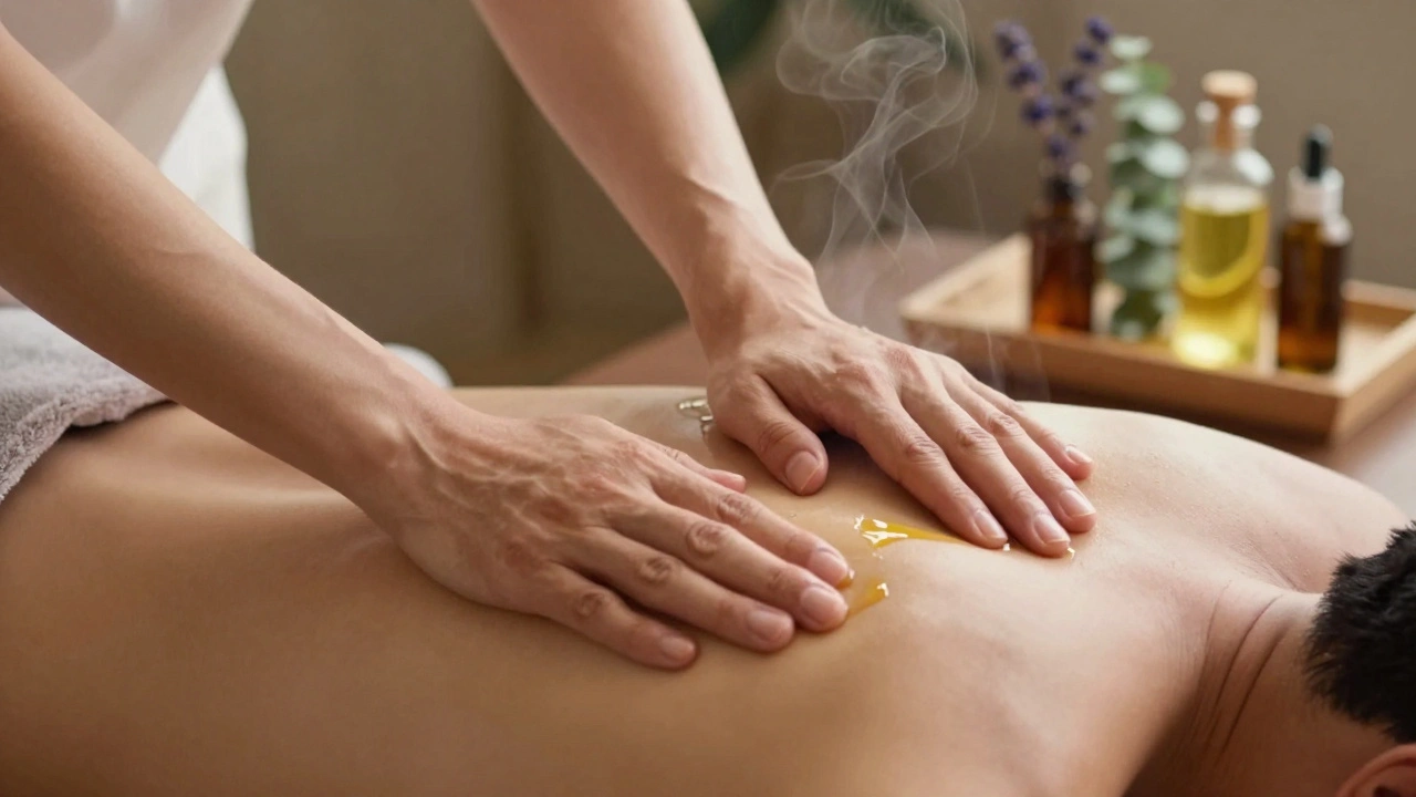 Mains massant les épaules d’un homme avec huile brillante, style artistique et précis.