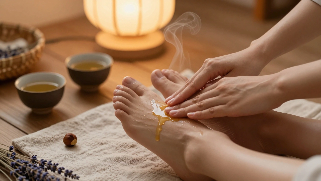 Mains massant les pieds avec de l&#039;huile naturelle, sur un tapis en lin, dans une pièce chaude et calme.