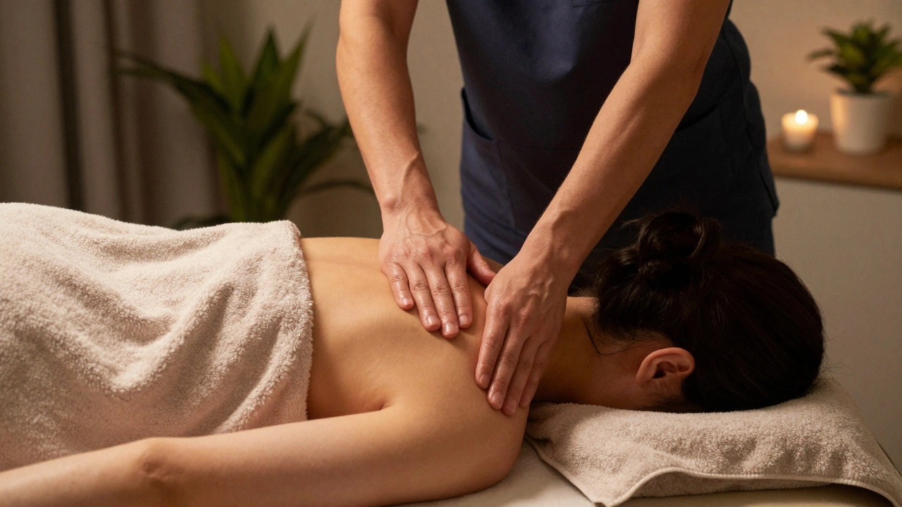 Massothérapeute travaillant doucement sur les épaules d'un client allongé.