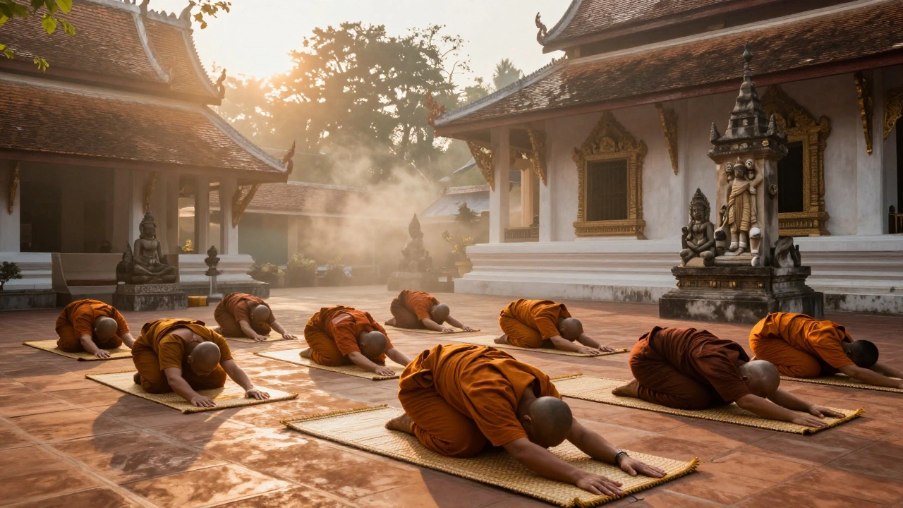 Moines thaïlandais pratiquent des étirements dans une cour de temple au lever du soleil, entourés de sculptures anciennes.