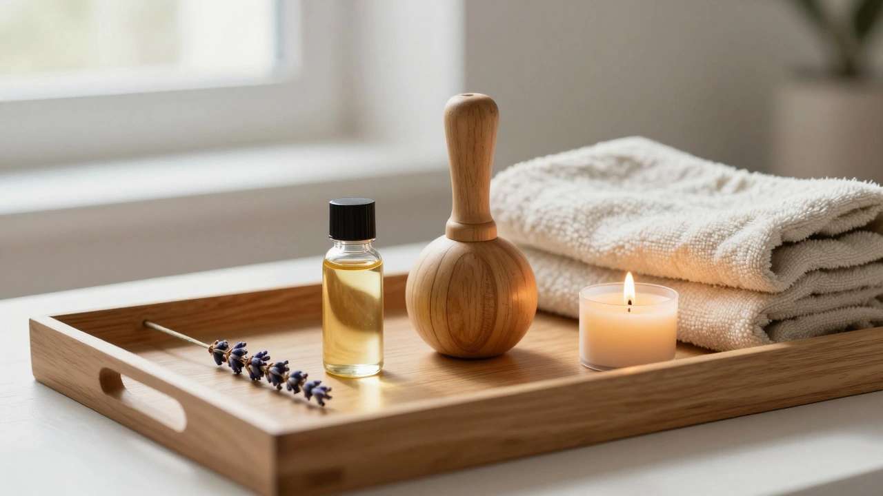 Objets de massage : huile, boule en bois, bougie et lavande disposés sur un plateau en bois.