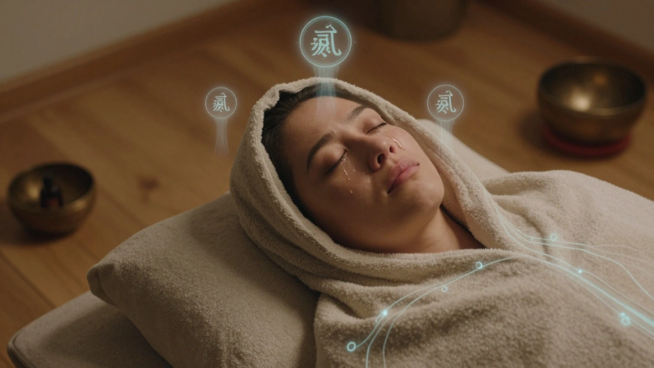 Personne détendue après un massage, enveloppée dans une couverture, des symboles énergétiques s&#039;élevant doucement autour d&#039;elle.