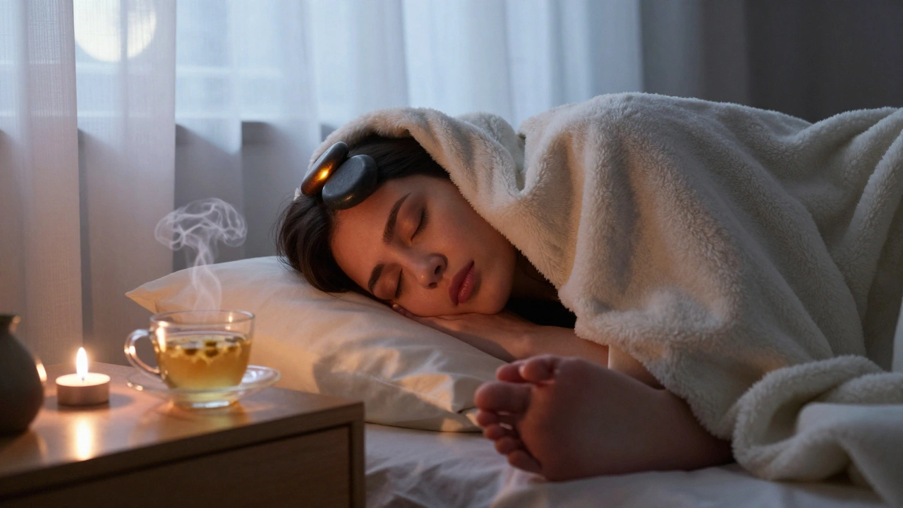 Personne reposant sous une couverture, avec des pierres chaudes sur le front et les pieds, dans une chambre calme.