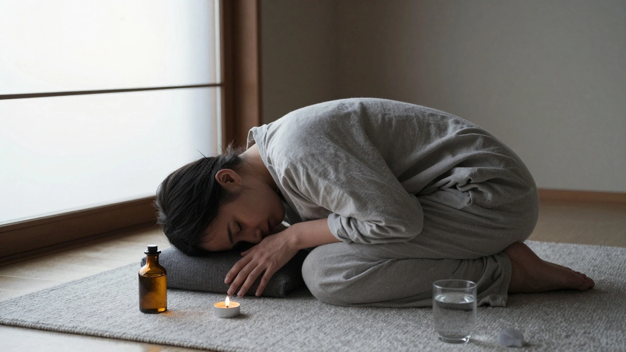 Personne seule en méditation après un massage, main sur le cœur, lumière du matin.
