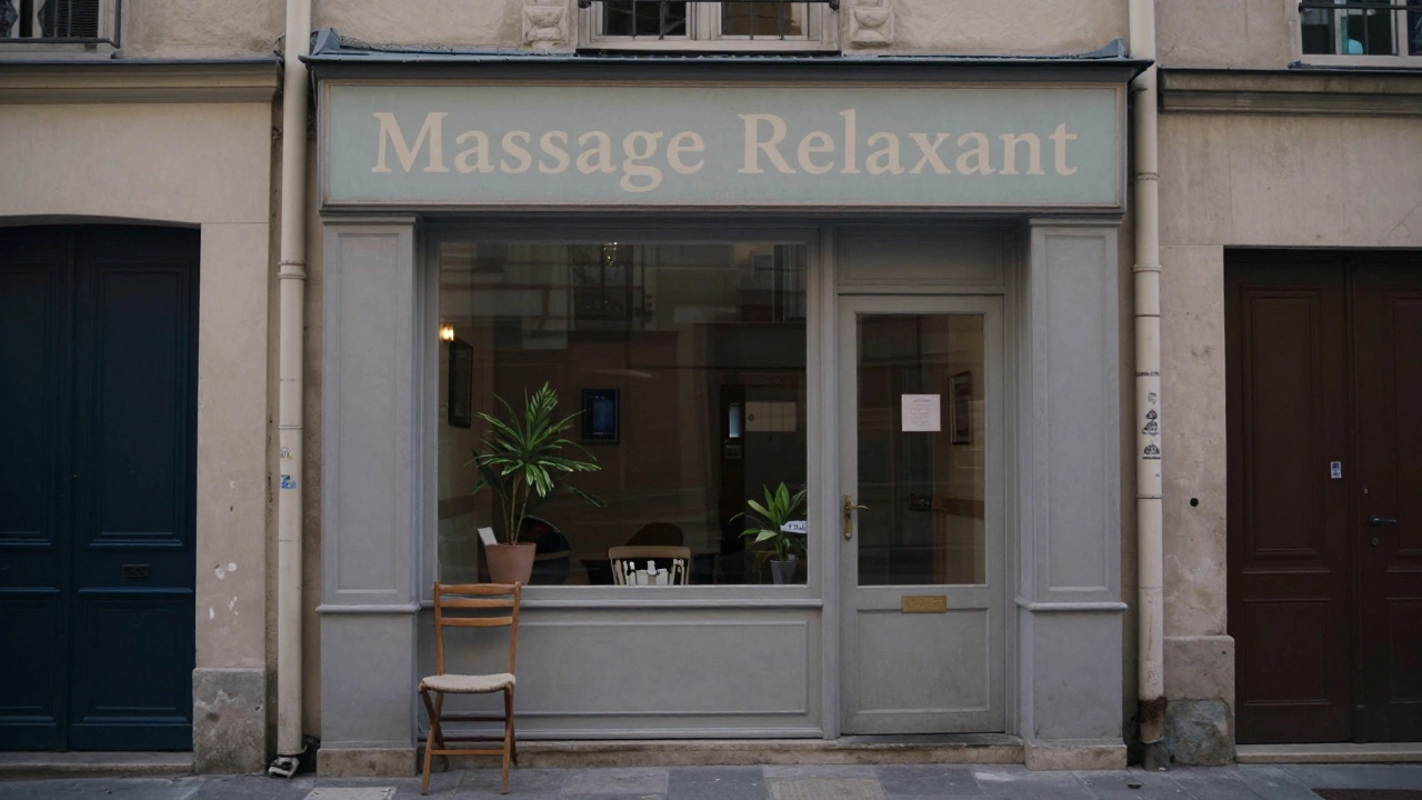 Petit salon de massage dans un quartier de Paris, avec une enseigne discrète et une chaise d'attente.