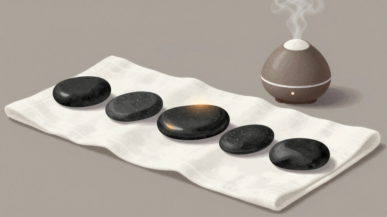 Pierres de basalte noires disposées sur un tissu blanc avec un diffuseur d&#039;huile essentielle.